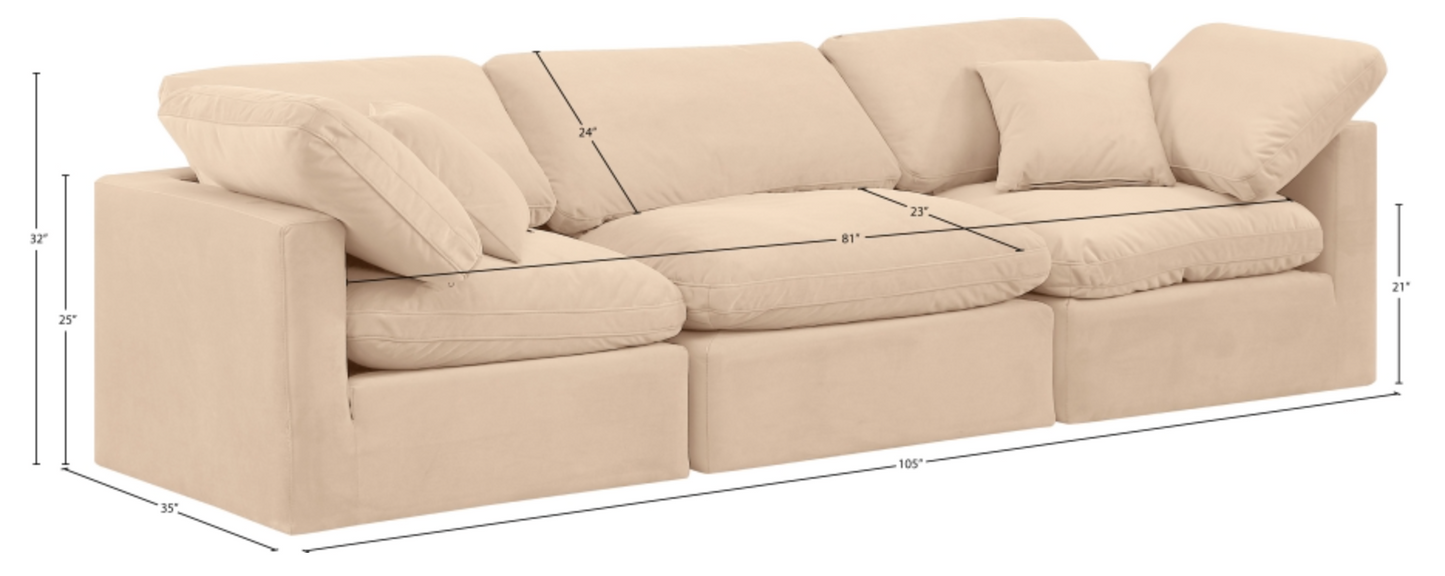 Indulge 105" Beige Velvet Upholstered 3pc. Modular Sofa