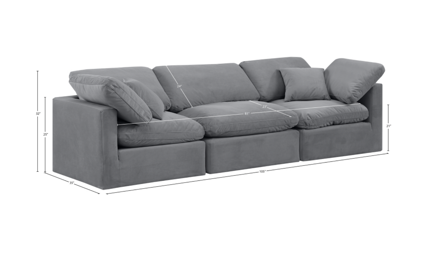 Indulge 105" Grey Velvet Upholstered 3pc. Modular Sofa