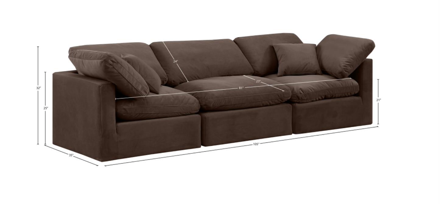 Indulge 105" Brown Velvet Upholstered 3pc. Modular Sofa