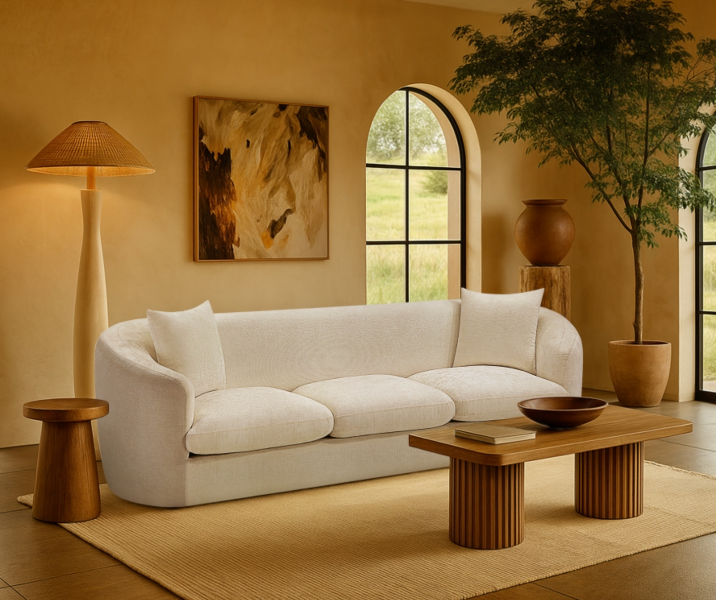 Penelope 92.5" Beige Chenille Fabric Upholstered Sofa