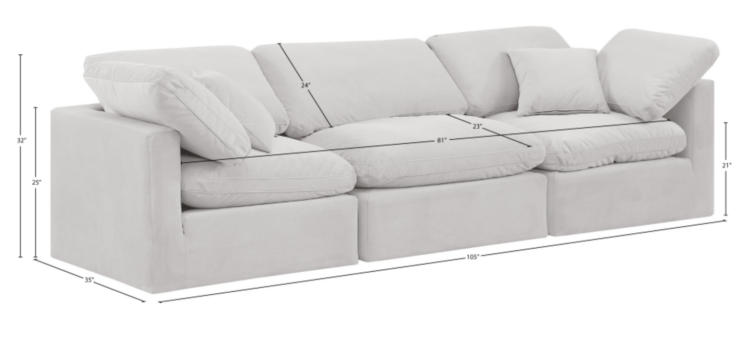 Indulge 105" Cream Velvet Upholstered 3pc. Modular Sofa