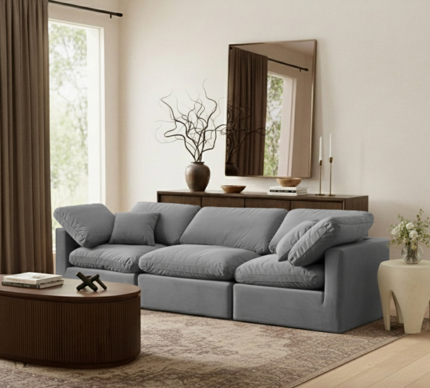 Indulge 105" Grey Velvet Upholstered 3pc. Modular Sofa