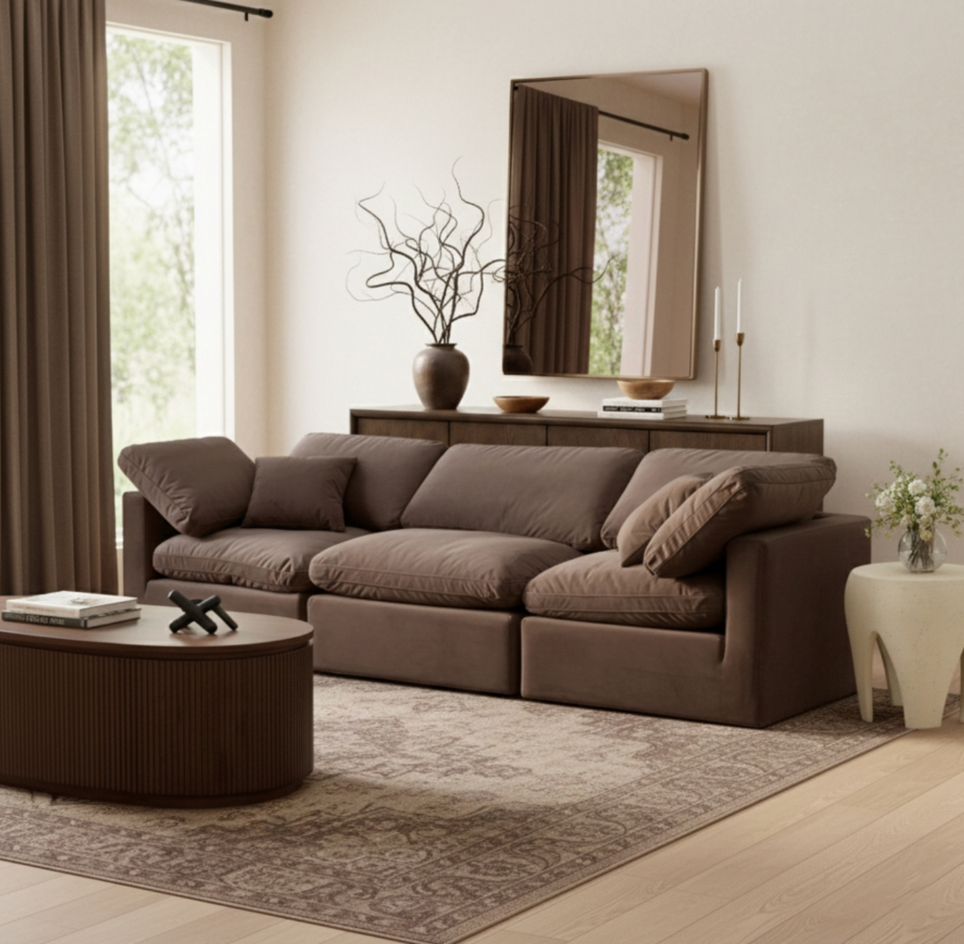 Indulge 105" Brown Velvet Upholstered 3pc. Modular Sofa