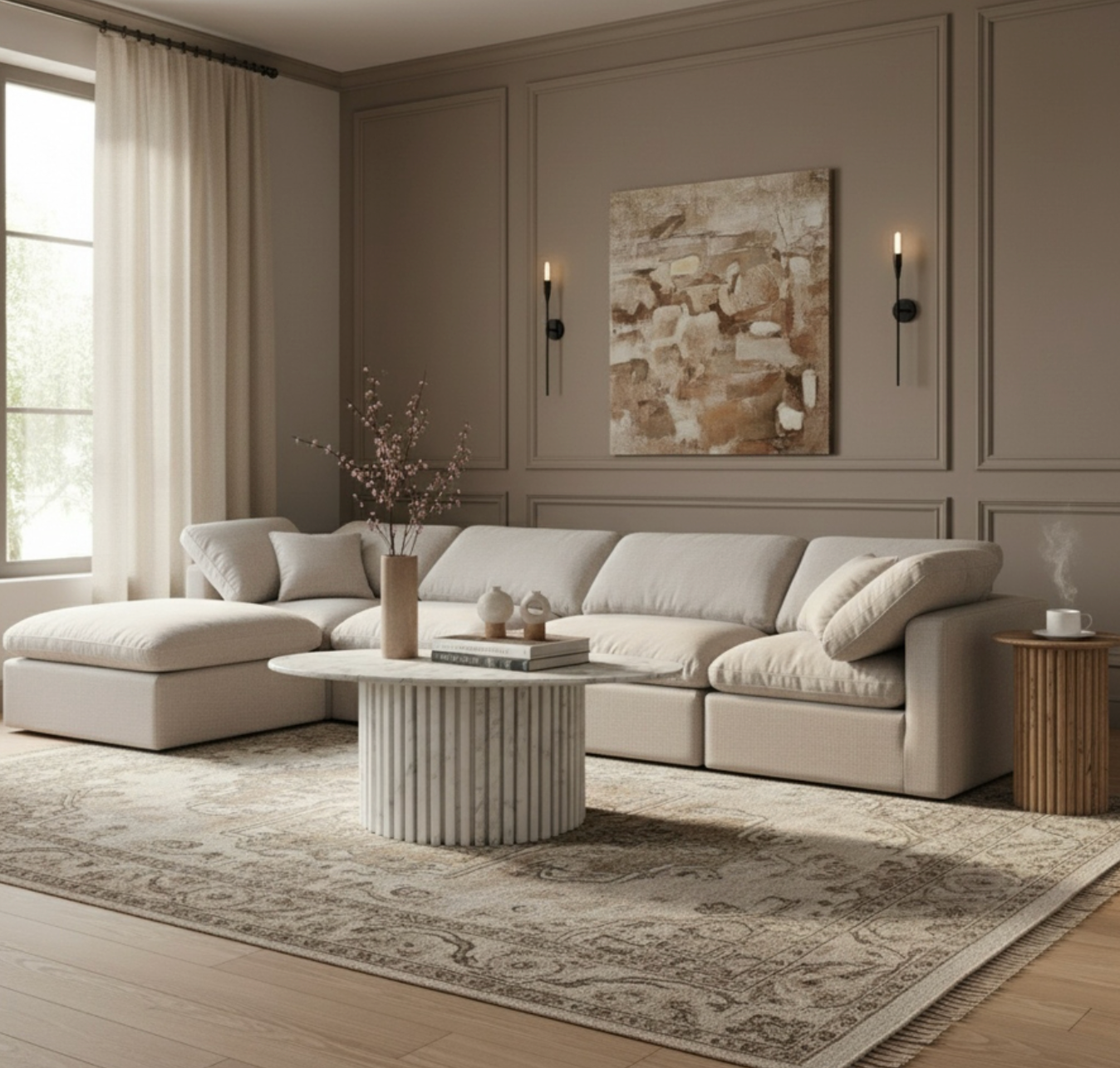 Indulge 140" Cream Linen Textured Fabric Upholstered 5pc. Modular Sectional