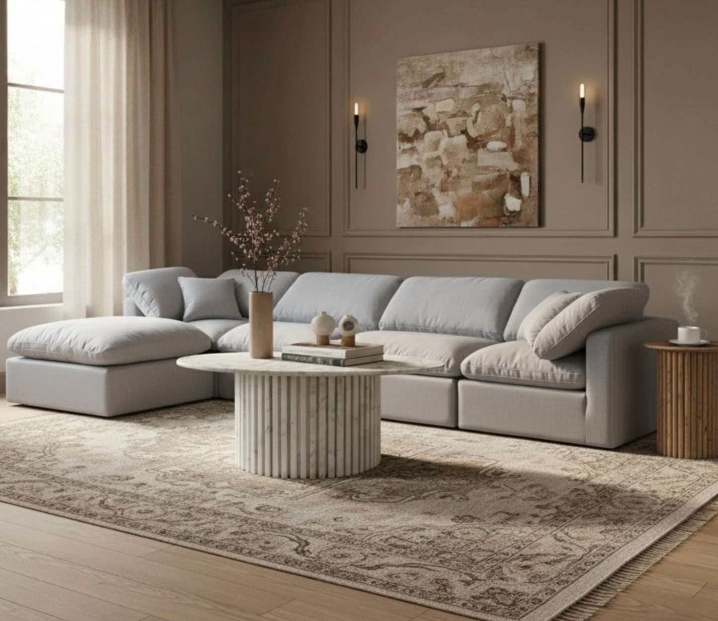 Indulge 140" Grey Linen Textured Fabric Upholstered 5pc. Modular Sectional