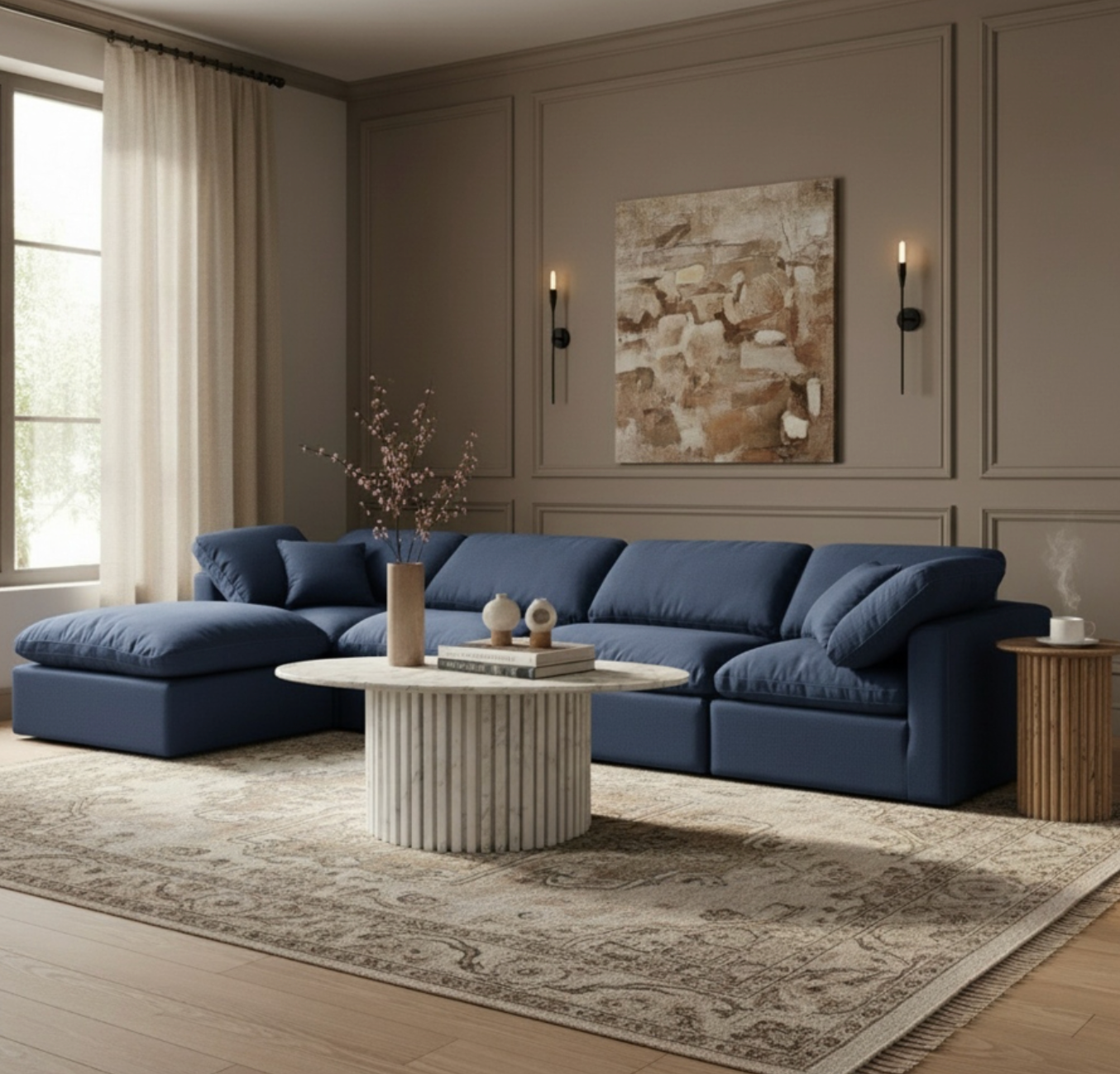Indulge 140" Blue Linen Textured Fabric Upholstered 5pc. Modular Sectional