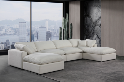 Comfy 158" Cream Linen Textured Fabric Upholstered 6pc. Modular Sectional
