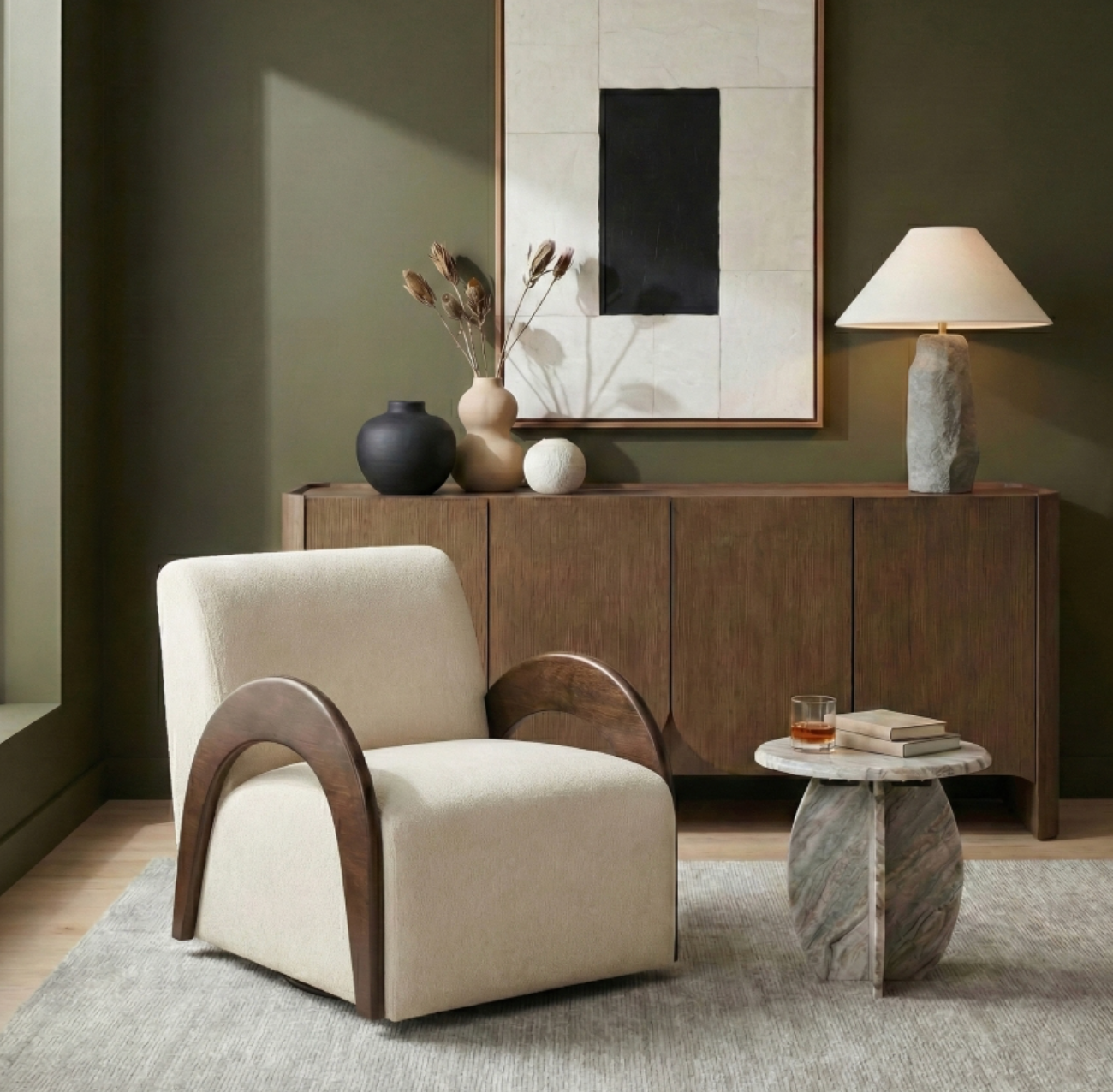 Neria Chenille Cream Fabric Upholstered Swivel Chair