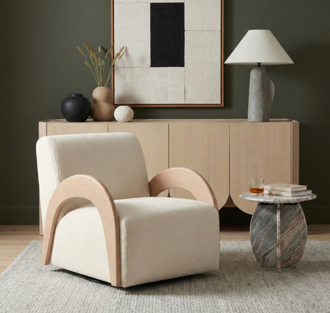 Neria Chenille Cream Fabric Upholstered Swivel Chair