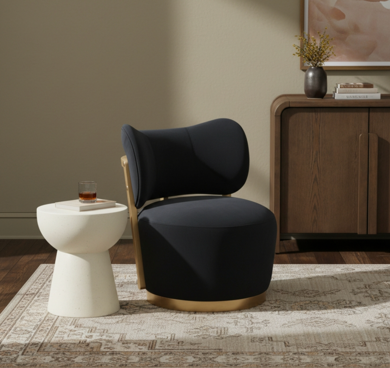 Elara Velvet Black Upholstered Swivel Chair
